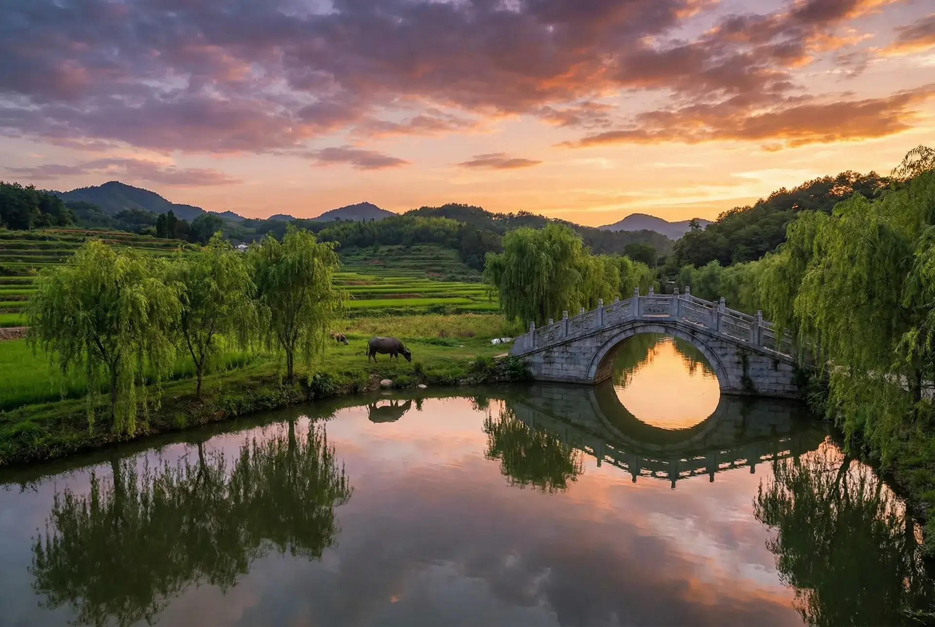 夕阳下的石拱桥与垂柳，水牛在河边吃草 - 聚会的目的在线观看免费1 乡村美景